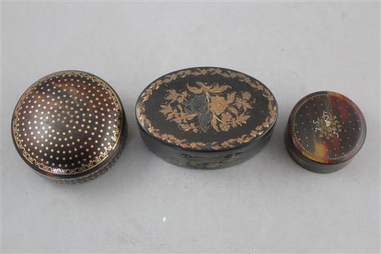 A 19th century oval tortoiseshell snuff box & 2 others